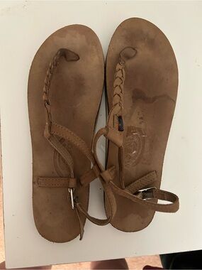 Rainbow Brown Braided Leather T-Strap Sandals